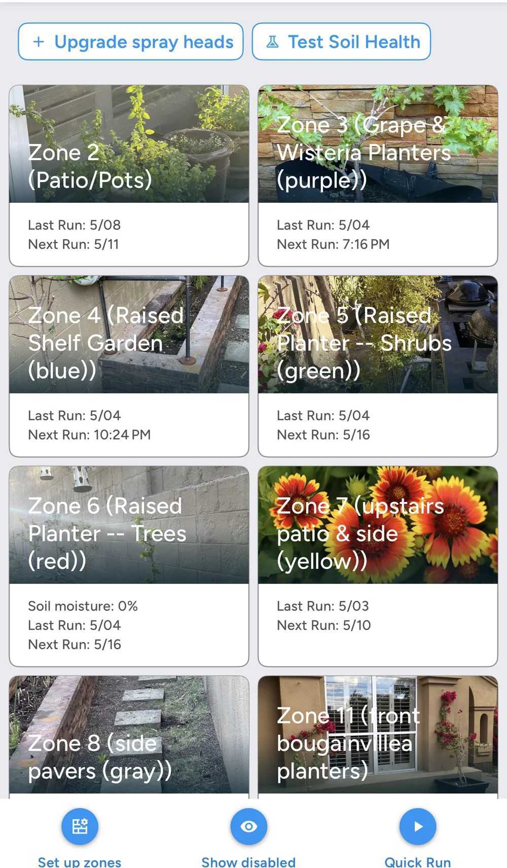 Rachio app zone grid showing separate drip irrigation zones for pots, planters, shrubs, trees, and side-yard areas.