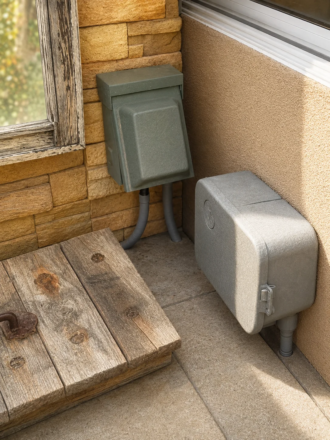 Close-up of a Rachio outdoor controller enclosure mounted near a patio wall.