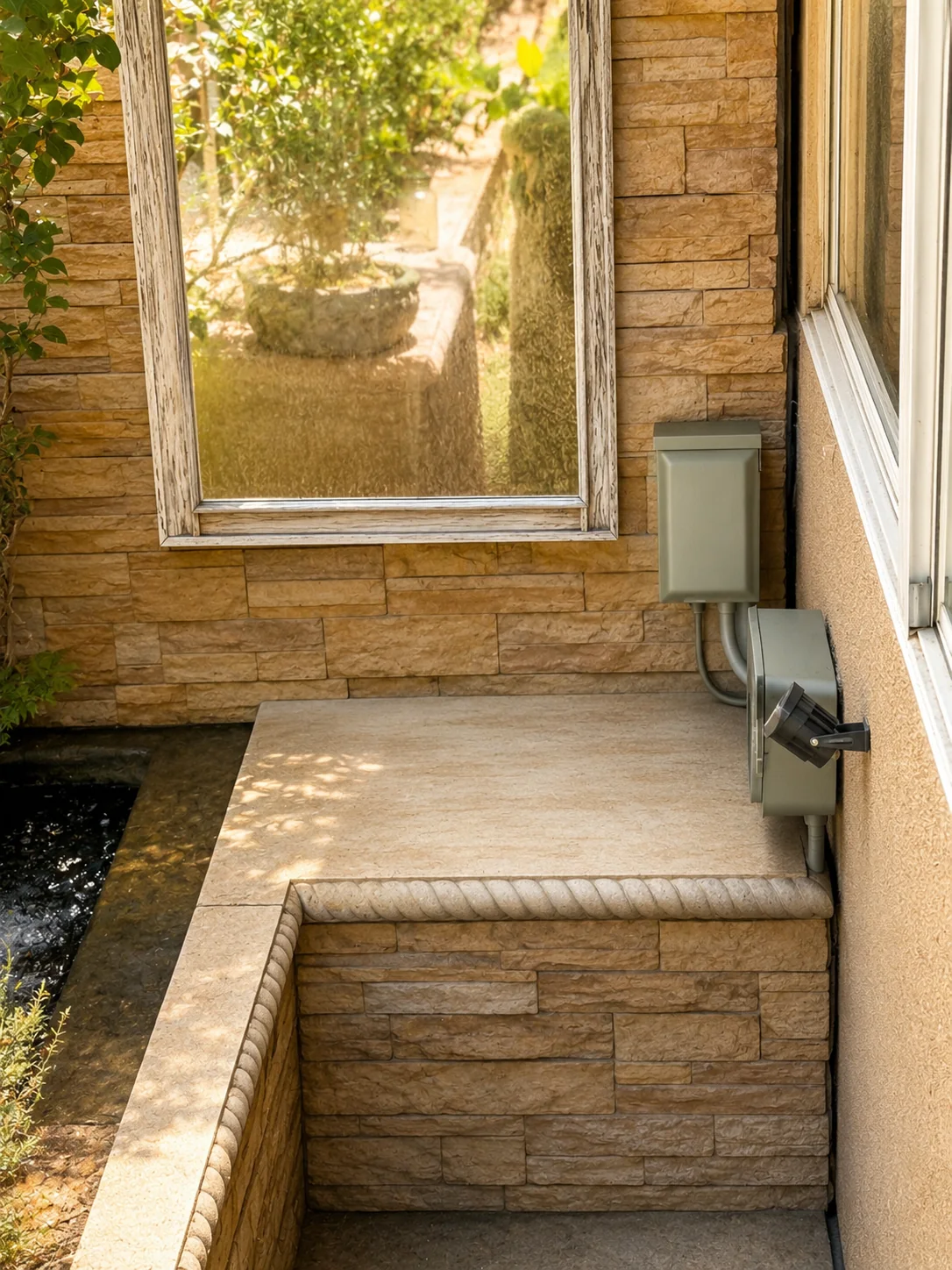 Rachio controller in an outdoor enclosure beside a dry-climate water feature and stone wall.